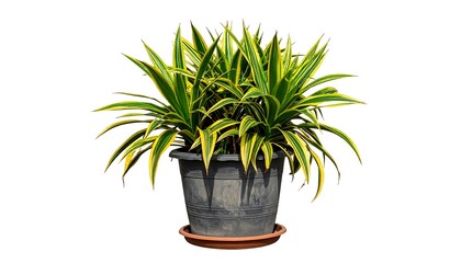A vibrant plant with green and yellow leaves, potted in a dark container on a white backdrop