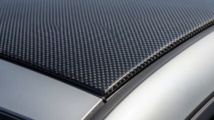 Close-up of a car's roof with a carbon fiber texture and sleek silver trim.