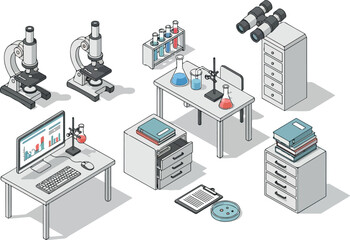 Obraz premium Isometric Science Lab Equipment Microscope, Beaker, Monitor