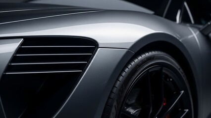 Close-up of a sleek black sports car wheel and fender.