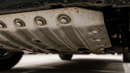 Close-up of a vehicle's underside showing a metal skid plate with bolts.