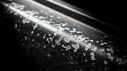 Water droplets on a black metal pipe in a dark environment.