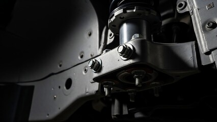 Close-up of a metallic mechanical component with bolts and screws.