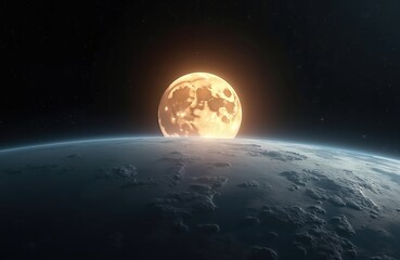 Fototapeta premium Large moon rises above planet earth horizon. Celestial bodies glow in dark starry space. Cosmic view from orbit with lunar surface. Space exploration and science.