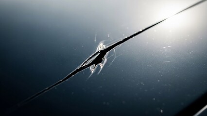 Damaged car windshield with a long crack and chips.