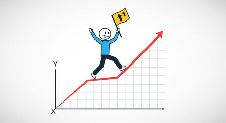 Cartoon character celebrates reaching the top of a rising graph holding a flag.