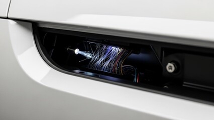 Close-up of a car's fog light with wires visible inside.