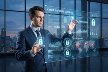 Networking securityconceptcyber datatechnologyprotectioninternetnetworkdigital futuristic business man touch virtual cyber interface data chart Data protection and digital security concept