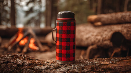Obraz premium Ultra HD Red and black plaid thermos bottle on a log in a forest with a cozy campfire burning in the background, perfect for camping and outdoor adventures image