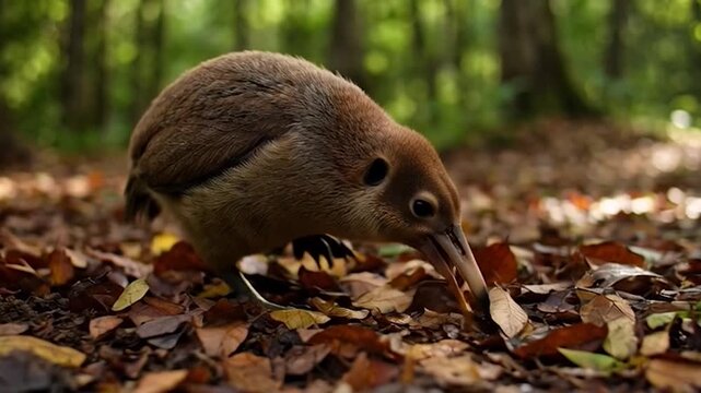 Kiwi bird probing forest floor with beak in early dawn light with slow, careful movements