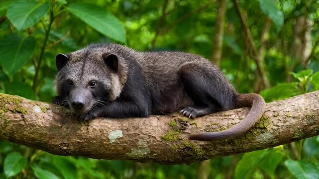 Binturong resting in a tree and slowly moving its tail in tropical jungle canopy