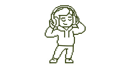 Fototapeta premium pixel art person listening to music with headphones eyes closed enjoying sound in a retro digital illustration for leisure gaming and tech content