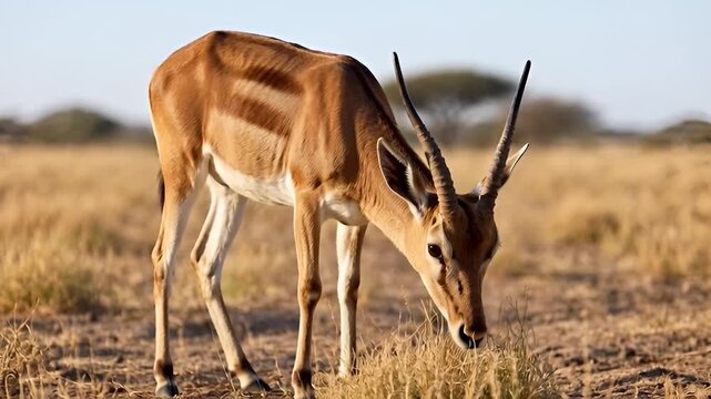 Springbok grazing on desert plain and gently flicking ears in warm air