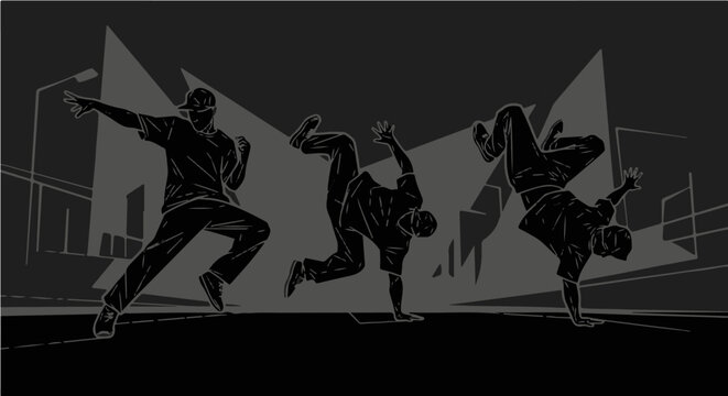 breakdancing silhouettes performing dynamic hip hop moves in an urban street setting ideal for youth culture and event promotion.