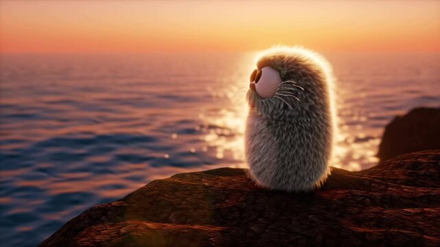 Tiny fuzzy creature oversized eyes sitting cliff edge, watching sunset ocean, golden hour light reflecting waves fur glistening wind, expressive blinking head cinematic panoramic view, magical serene