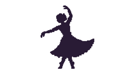 Fototapeta premium pixel art dancing woman silhouette presenting expressive movement suitable for retro digital design projects app icons and web graphics.