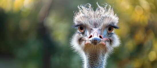 Close-up of an ostrich with distinctive features. The bird has a fluffy head and curious expression, set against a blurred natural background.