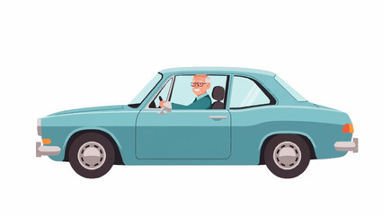 Obraz premium Smiling elderly man with glasses driving a vintage light blue two-door coupe car.