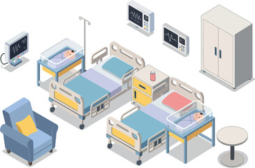 Obraz premium Hospital Room Isometric Illustration with Medical Equipment