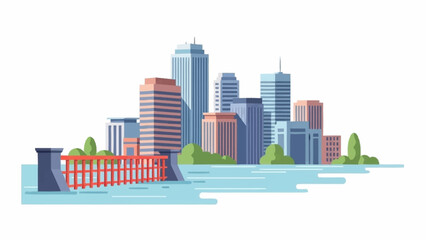 Contemporary city panorama featuring a collection of skyscrapers, a large red industrial dam, and a body of water.