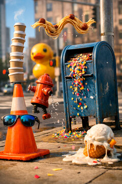 Surreal city street scene with floating spaghetti confetti mailbox traffic cone and melting ice cream