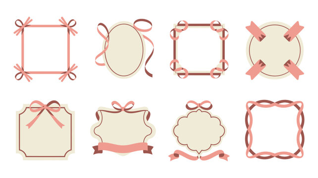Elegant ribbon label frames vector collection with oval cameo, square borders, scallop edges for wedding invitation, bridal shower, anniversary design