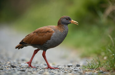 Fototapeta premium Brown and grey Weka bird walks on gravel path. This flightless New Zealand native species has long beak and curious eyes. Weka searches for food among green grass and foliage.