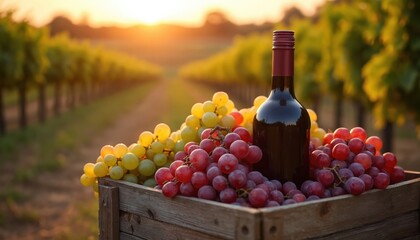 Obraz premium Wooden crate filled with ripe red and green grapes rests in a vineyard at sunset. A dark glass wine bottle stands beside the fruit, representing harvest and tradition.