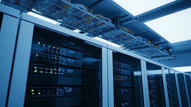 Intricate router data center cabling and server architecture illuminate modern digital operations, showcasing vital router datacenter technology for continuous management