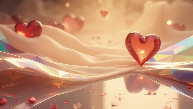 Shiny Red Hearts on Fabric with Colorful Reflections