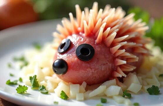 Raw minced meat formed into a hedgehog shape, decorated with olives and chives. This dish is served on a white plate with chopped onions, resembling a playful presentation for parties or buffets.