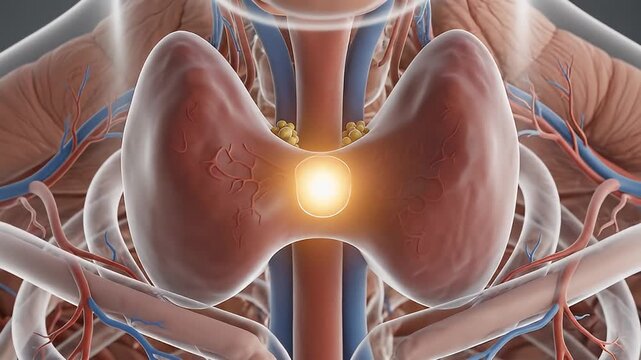 Detailed Medical Illustration of Thyroid Gland Function and Anatomy.