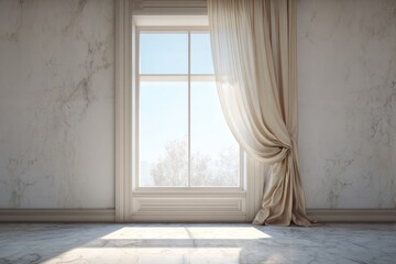 Elegant room with marble walls, floor, and sheer curtain by a window.