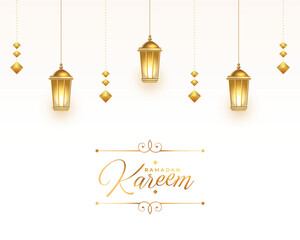 Obraz premium Elegant ramadan kareem greeting with hanging lanterns