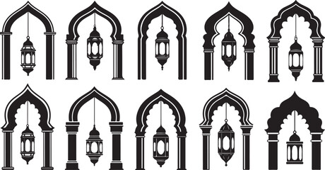 Islamic Lanterns and Arches in Black and White Vector