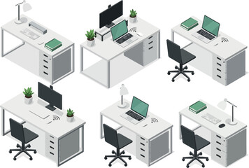 Obraz premium Isometric Office Desk Set with Computer, Laptop and Office Supplies