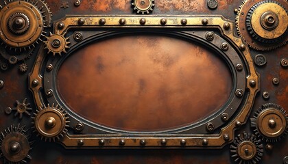 Ornate oval frame made of brass gears, rivets, aged copper plating. Intricate mechanical details surround empty space for text graphics. Industrial background features textured metal, cog elements.