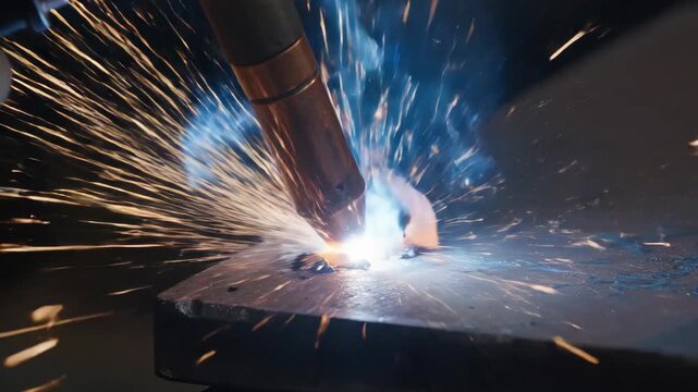 Extreme close up of metal welding process with bright sparks and blue smoke in industrial workshop, showing precision manufacturing