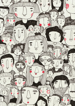 A big growd of people with different and unique faces amongst them