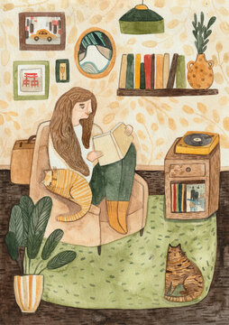 A girl sitting in an armchair and reading a book with cat next to her. 