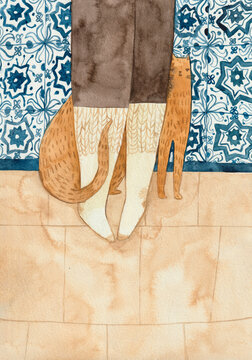 Feet with warm socks and a cat behind the legs