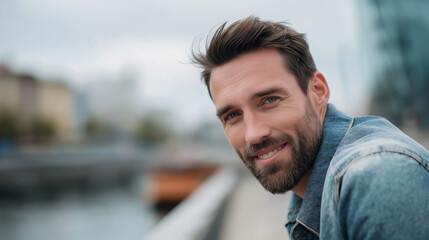 A man with a beard and a blue jacket is smiling