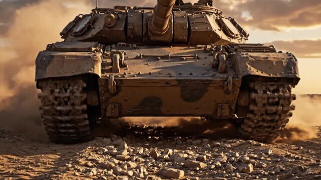 powerful military tank advancing through rugged terrain during sunset emphasizing strength and durability