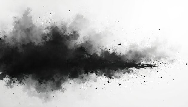 Abstract black paint splash on white canvas creates dark cloud effect. Energetic brushstrokes and ink splatters form moody texture. Monochrome design evokes drama motion chaos power.