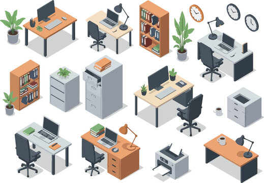 Isometric Office Furniture and Workspace Essentials Desks, Chairs, Storage
