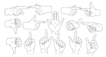 Obraz premium Collection of hand gestures and signs in simple line drawings.