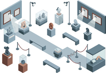 Fototapeta premium Isometric Museum Hall with Exhibits and Artworks