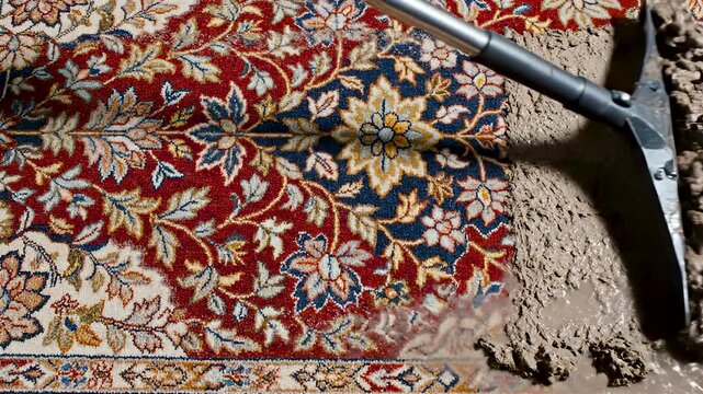 Antique Persian rug washed clean as mud is removed to reveal vibrant wool colors and softened texture under bright studio lighting