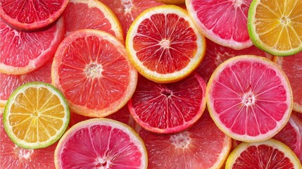 Obraz premium Vibrant display of colorful citrus fruit slices including pink grapefruit, lemon, red orange, and lime arranged aesthetically on a surface