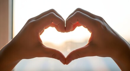 Obraz premium Hands forming a heart shape with fingers for Valentine's Day gesture near a sunny window